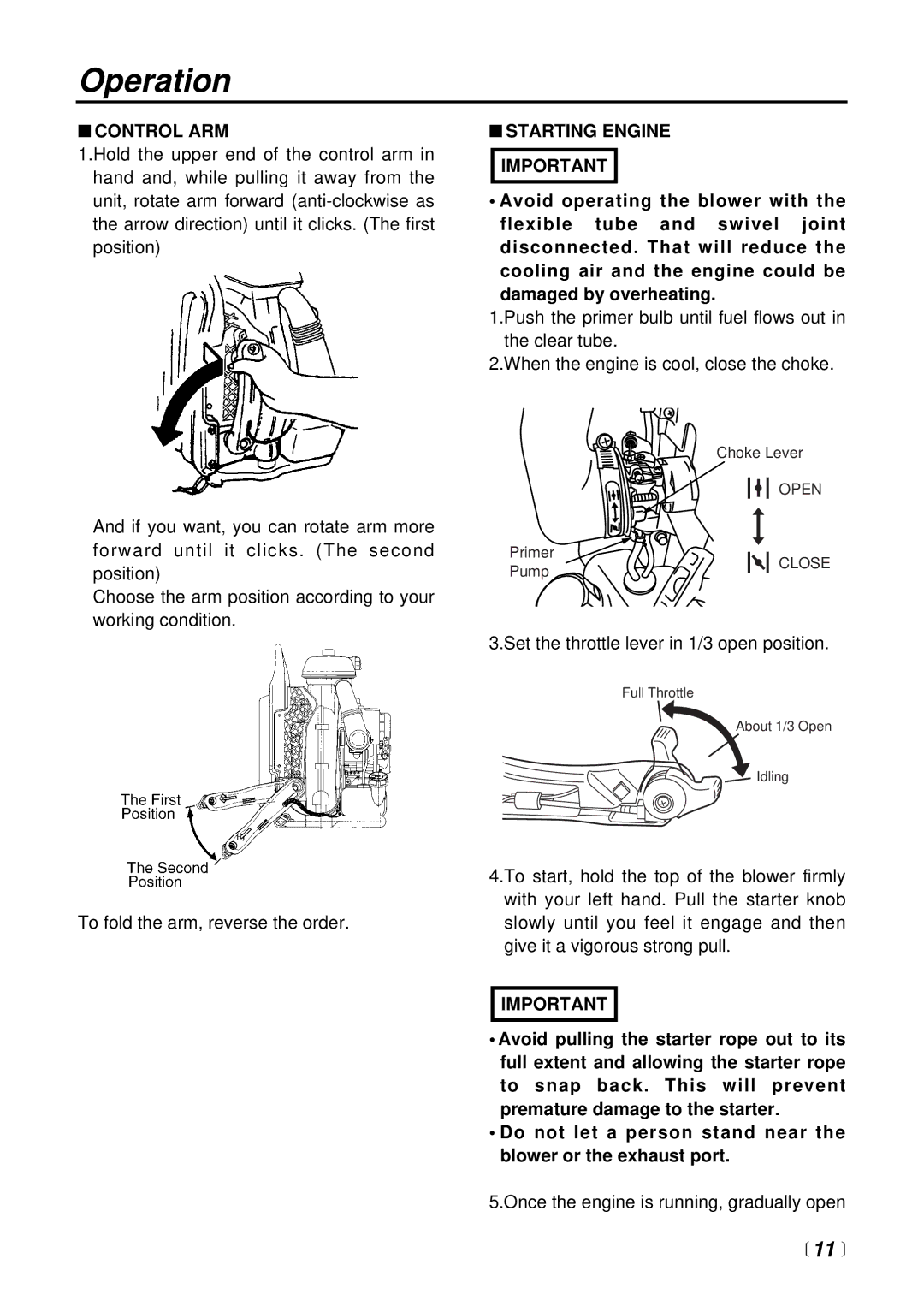 RedMax EB7000 manual Operation, Control ARM, Starting Engine Important 