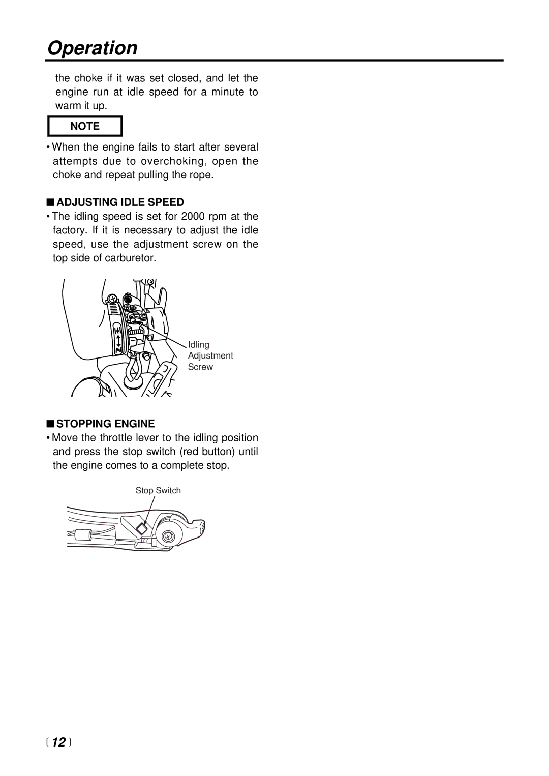 RedMax EB7000 manual Adjusting Idle Speed, Stopping Engine 