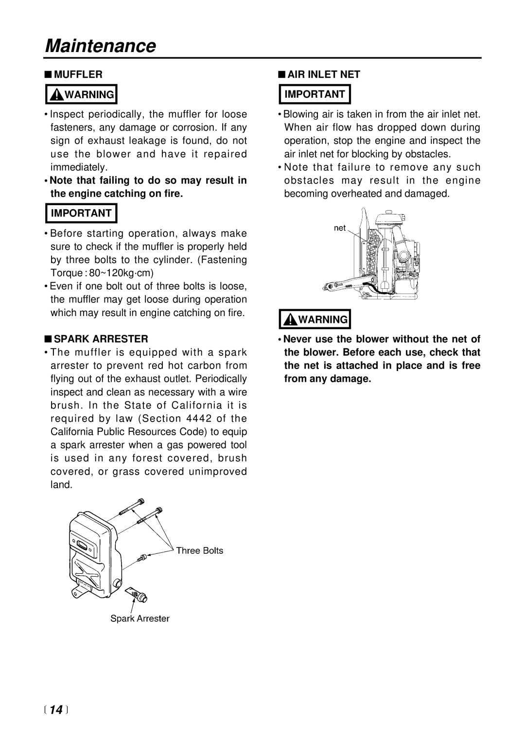 RedMax EB7000 manual Muffler, Spark Arrester, AIR Inlet NET Important 