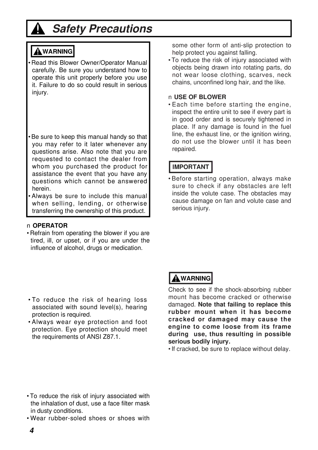 RedMax EB7000 manual Safety Precautions, Operator, USE of Blower 