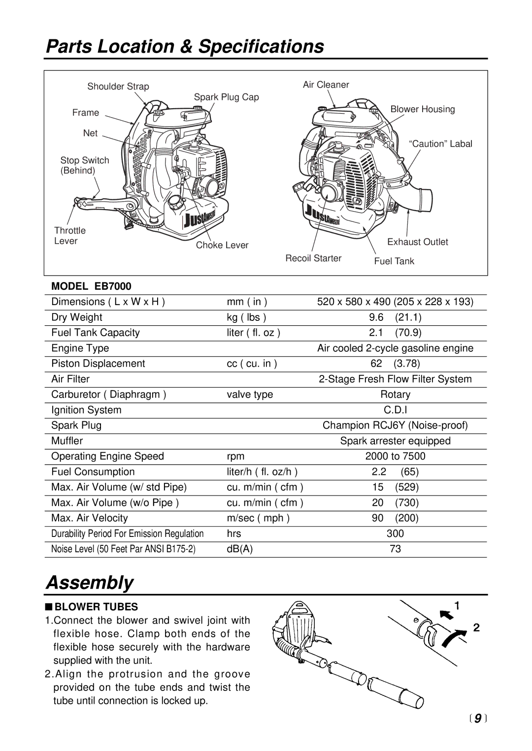 RedMax manual Parts Location & Specifications, Assembly, Model EB7000, Blower Tubes 