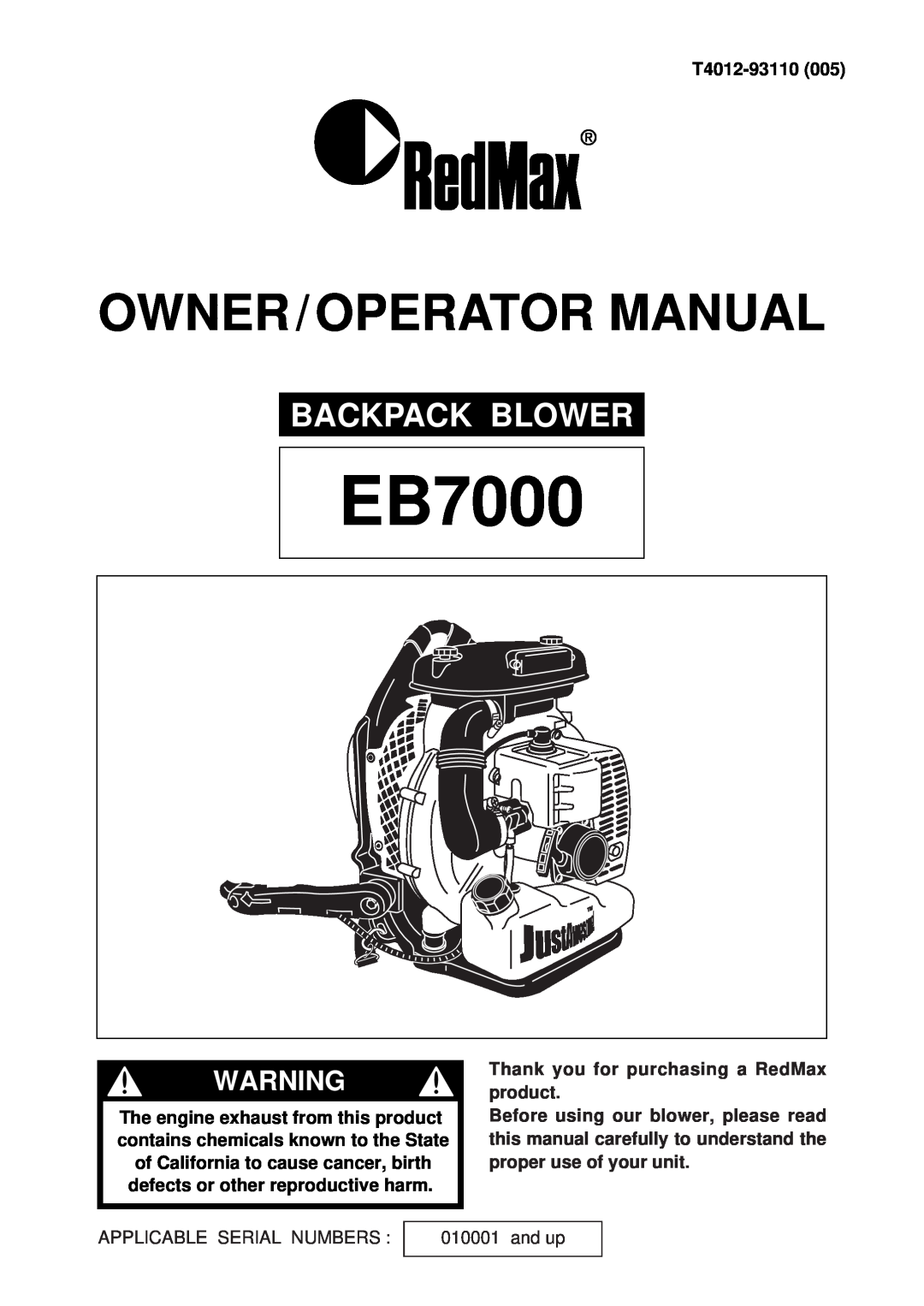 RedMax EB7000 manual Backpack Blower, Owner / Operator Manual, T4012-93110, Thank you for purchasing a RedMax product 