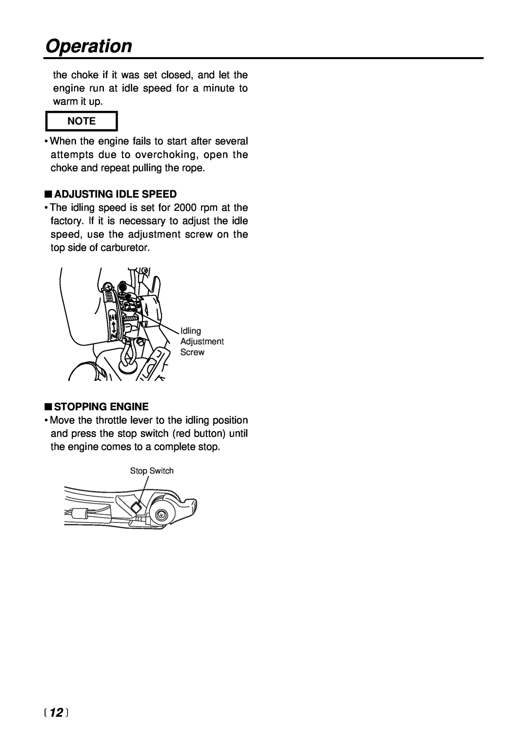 RedMax EB7000 manual Operation,  12 , Adjusting Idle Speed, Stopping Engine 