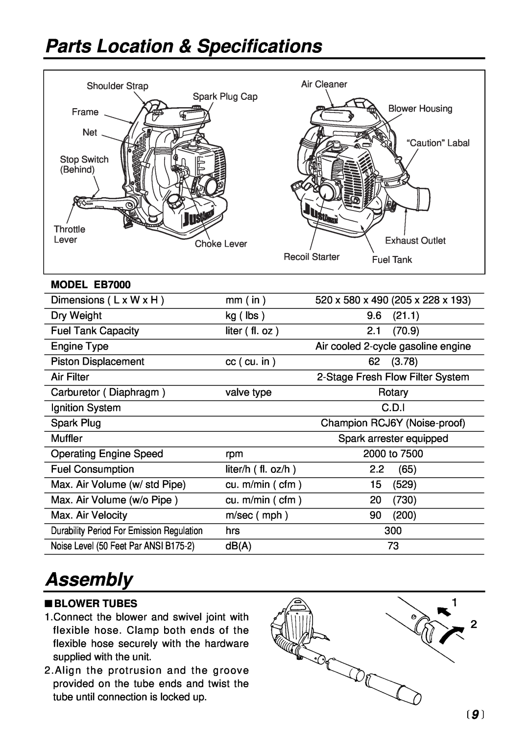 RedMax manual Parts Location & Specifications, Assembly,  9 , MODEL EB7000, Blower Tubes 