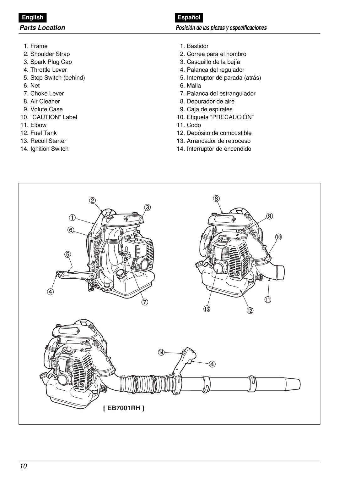 RedMax EB7001RH manual Parts Location Posición de las piezas y especificaciones 