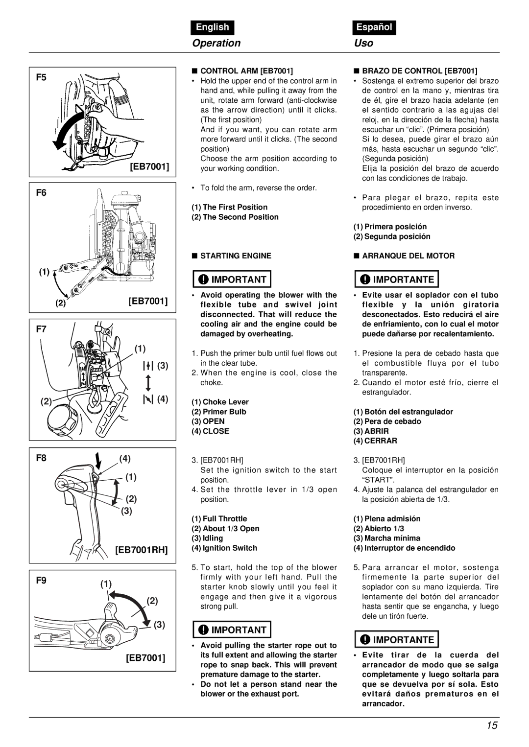 RedMax manual Operation Uso, EB7001 F84 EB7001RH F91 