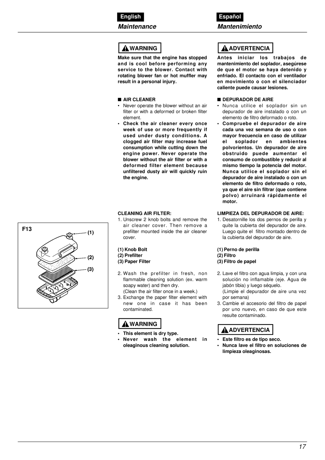 RedMax EB7001RH manual Maintenance Mantenimiento, F13 