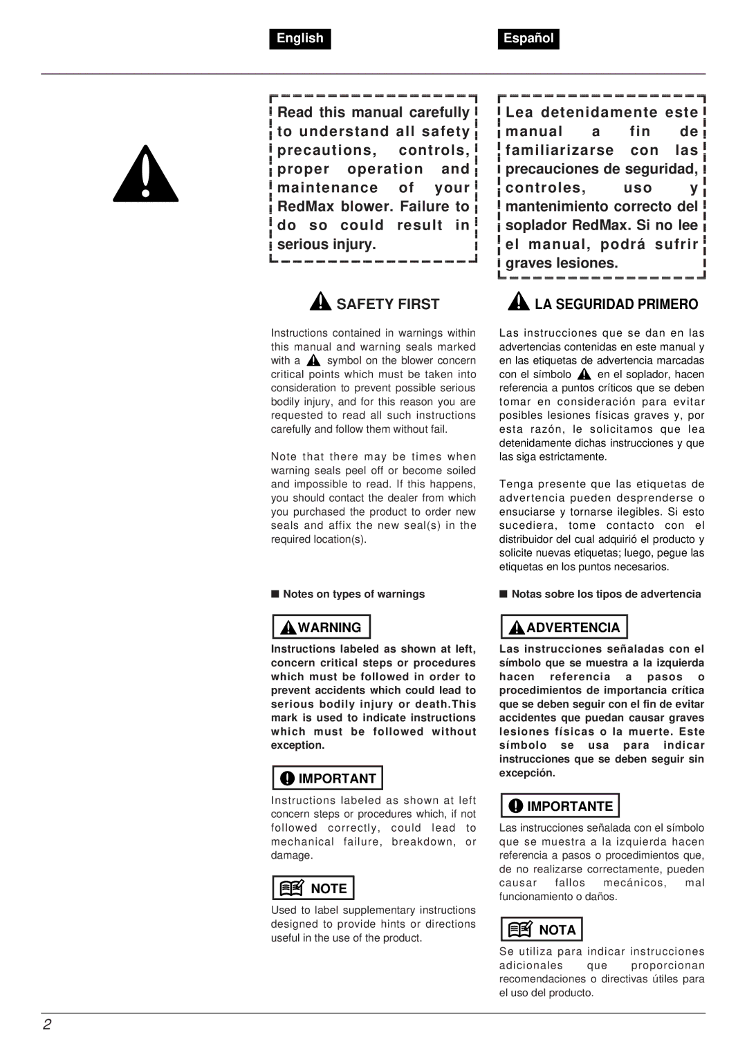 RedMax EB7001RH manual Safety First, Notas sobre los tipos de advertencia 