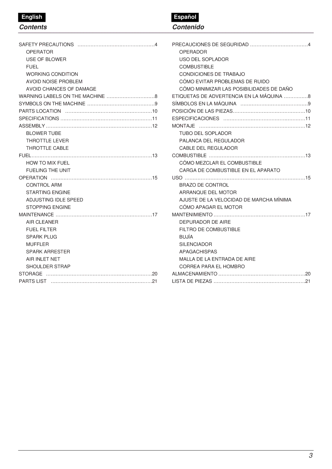 RedMax EB7001RH manual Contents Contenido 