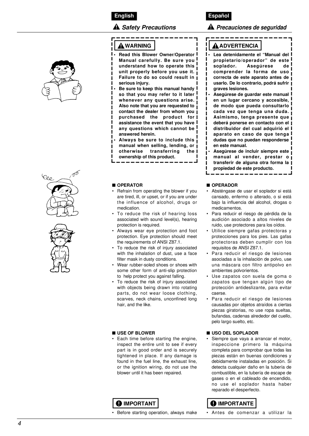 RedMax EB7001RH manual Safety Precautions Precauciones de seguridad, Operator, Operador, USE of Blower USO DEL Soplador 