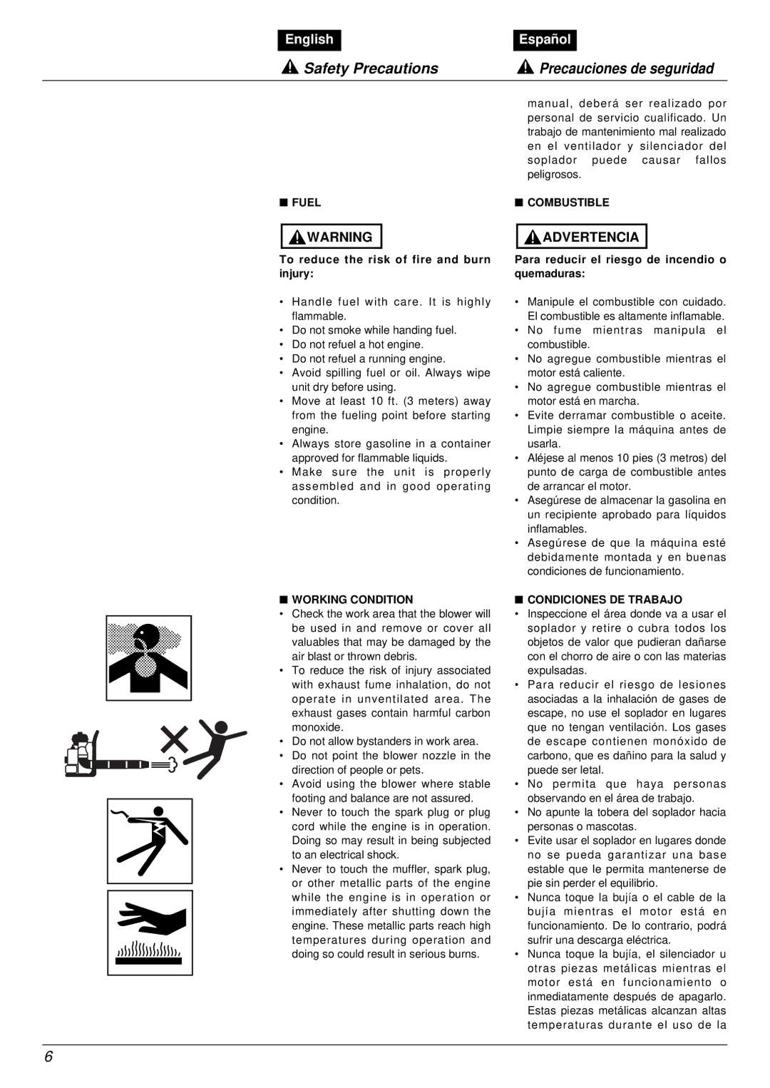 RedMax EB7001RH manual Fuel, Working Condition, Combustible, Condiciones DE Trabajo 