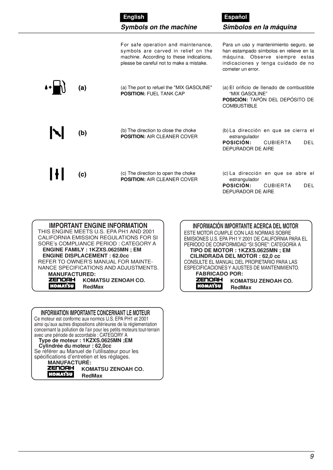 RedMax EB7001RH manual Important Engine Information, Symbols on the machine Símbolos en la máquina 