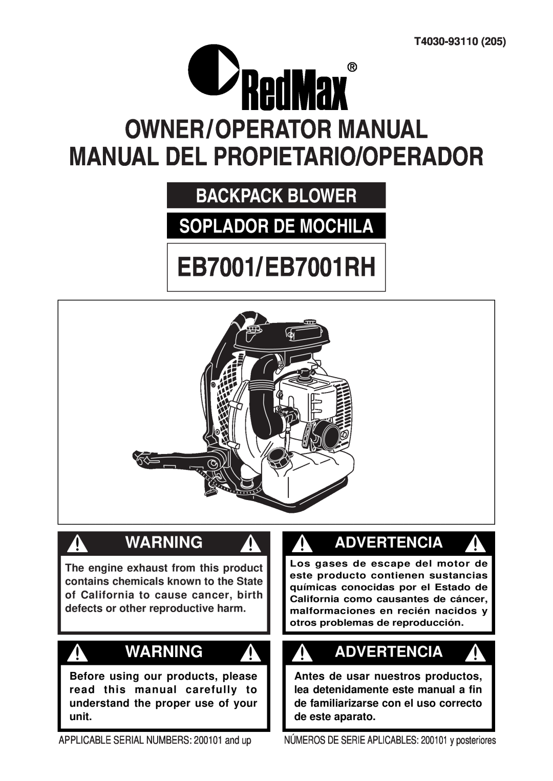 RedMax manual EB7001/ EB7001RH, Owner/Operator Manual, Backpack Blower Soplador De Mochila, T4030-93110, Advertencia 