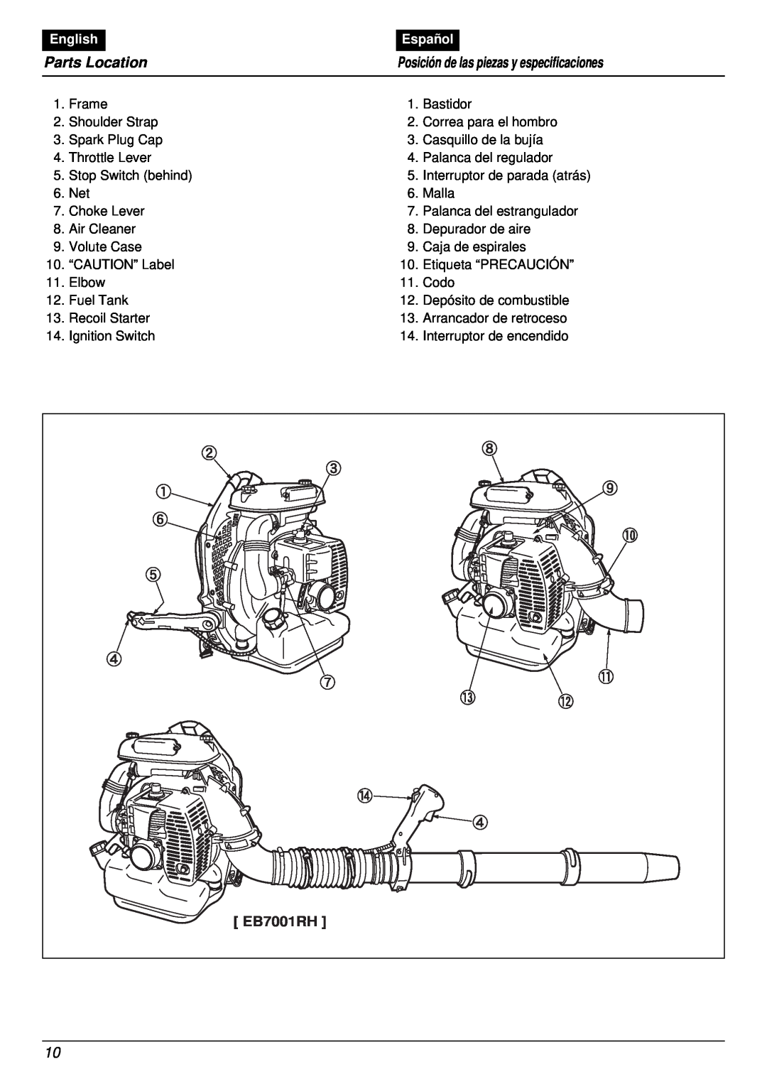 RedMax EB7001RH manual Parts Location, Posición de las piezas y especificaciones, English, Español 