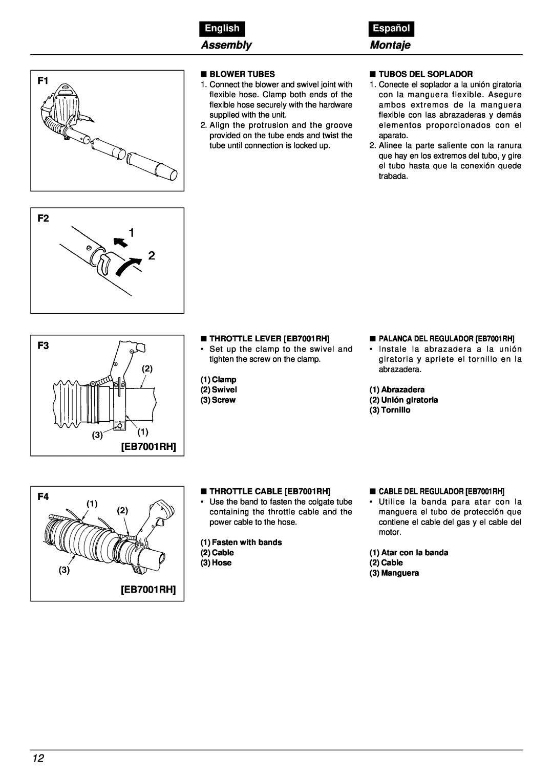 RedMax manual Assembly, Montaje, F3 EB7001RH F4 EB7001RH, English, Español 