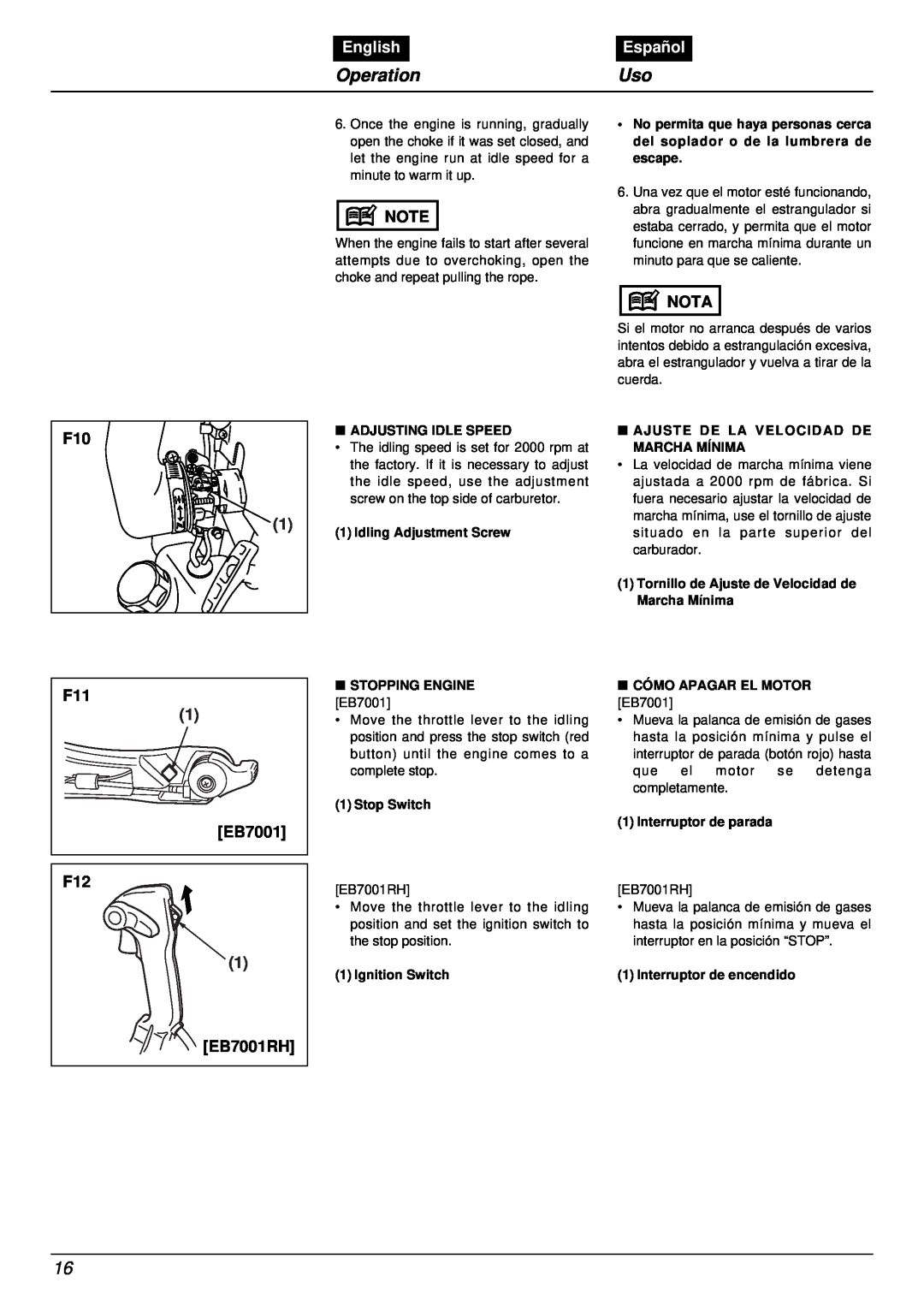 RedMax EB7001RH manual EB7001 F12, Operation, English, Español, Nota 