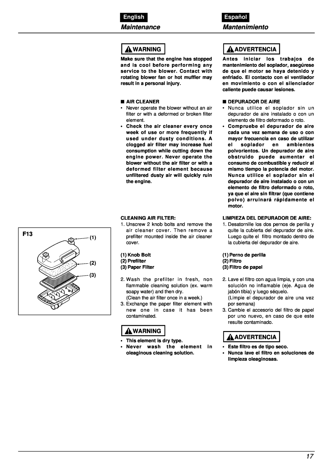 RedMax EB7001RH manual Maintenance, Mantenimiento, Advertencia, English, Español 