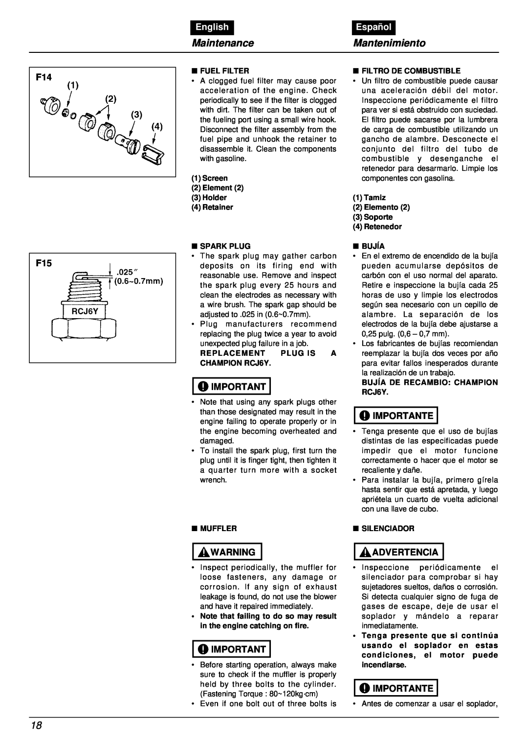 RedMax EB7001RH manual MaintenanceMantenimiento, F14 F15, English, Español, Importante, Advertencia 