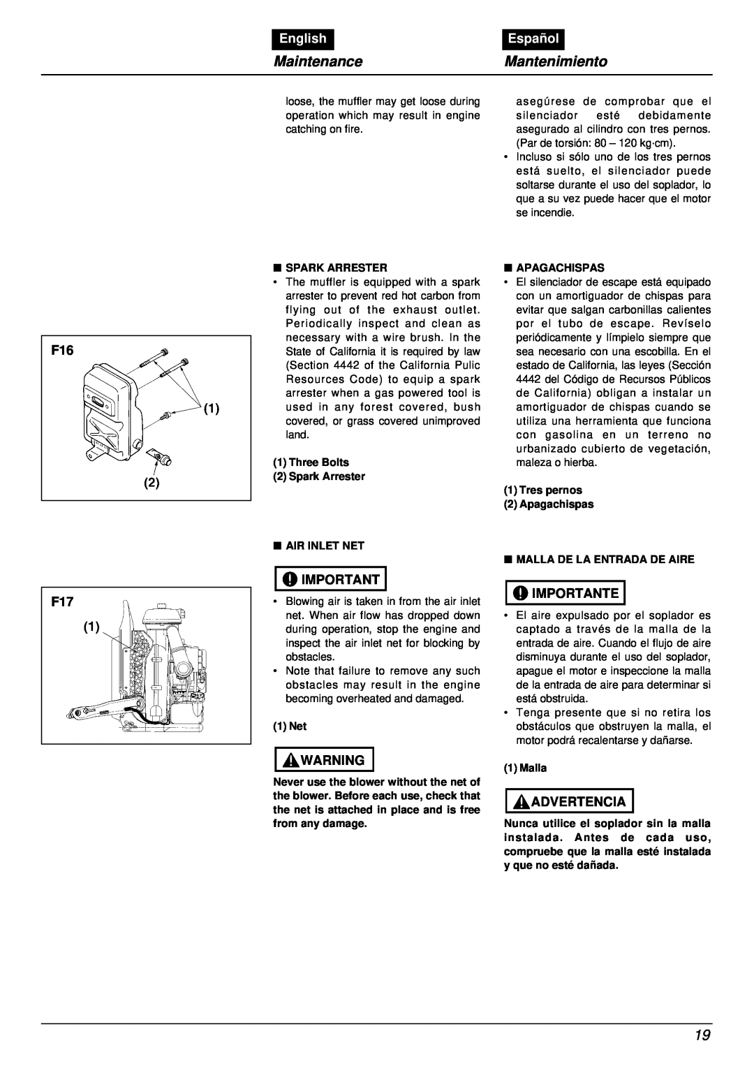 RedMax EB7001RH manual F16 F17, MaintenanceMantenimiento, English, Español, Importante, Advertencia 