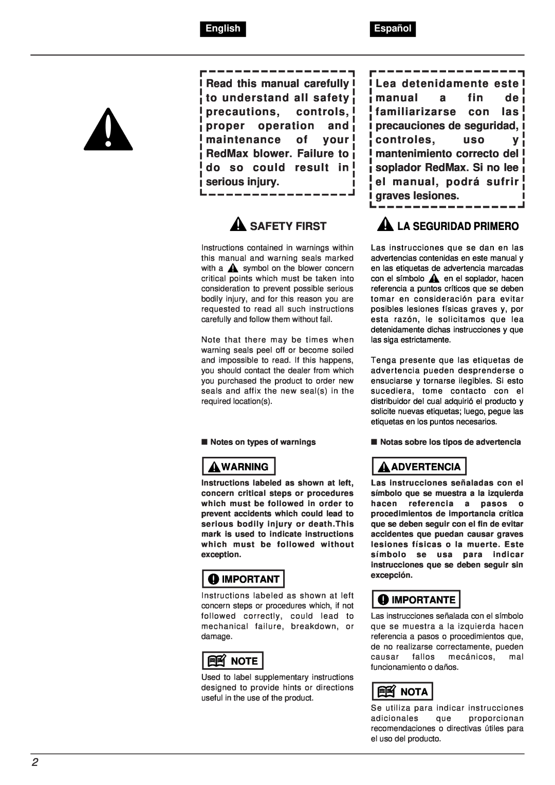 RedMax EB7001RH Safety First, Lea detenidamente este, manual a fin de familiarizarse con las precauciones de seguridad 