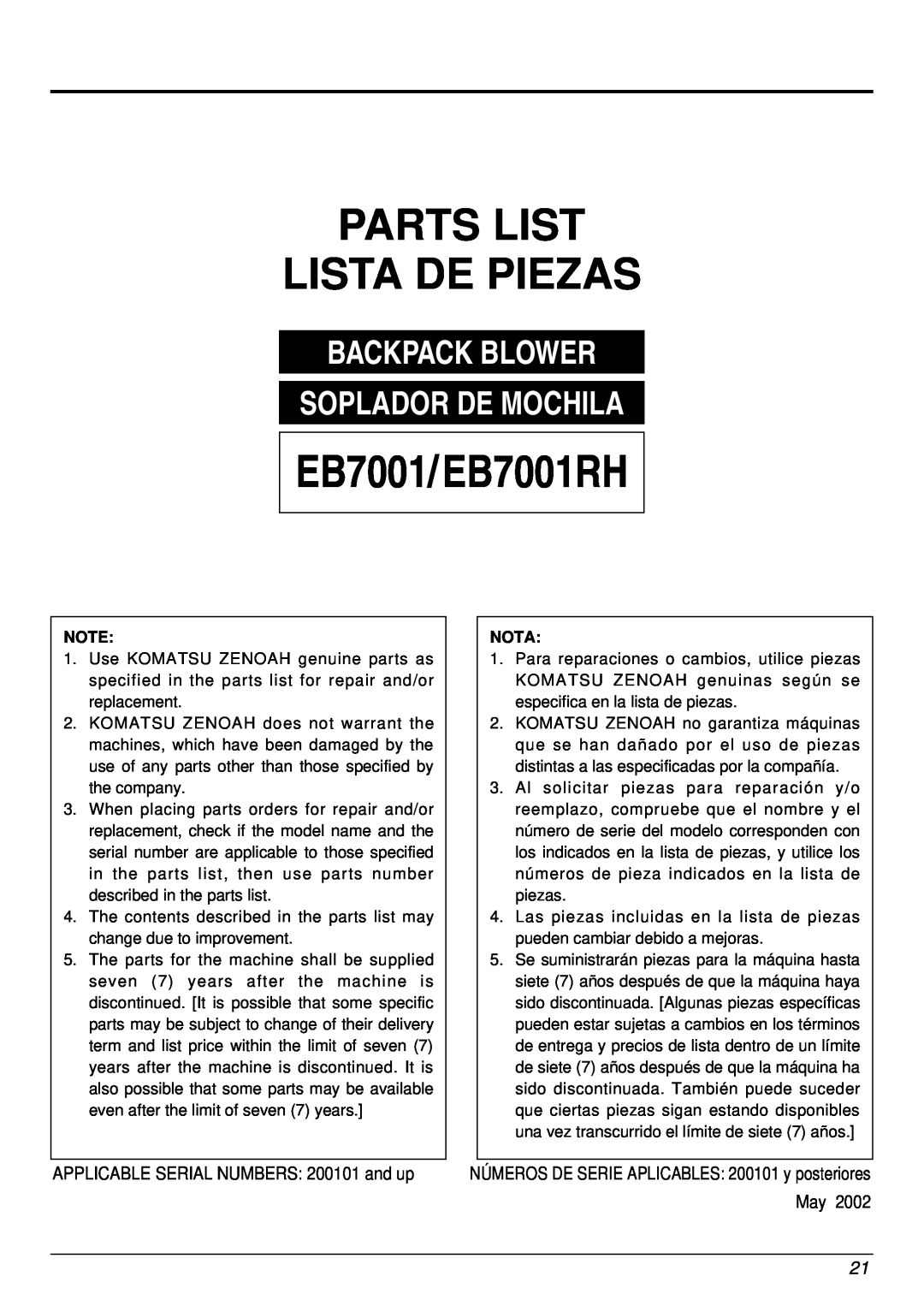 RedMax manual Parts List Lista De Piezas, APPLICABLE SERIAL NUMBERS 200101 and up, EB7001/ EB7001RH, Nota 