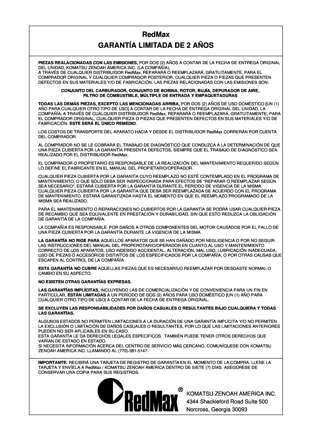 RedMax EB7001RH manual RedMax GARANTÍA LIMITADA DE 2 AÑOS, No Existen Otras Garantías Expresas 