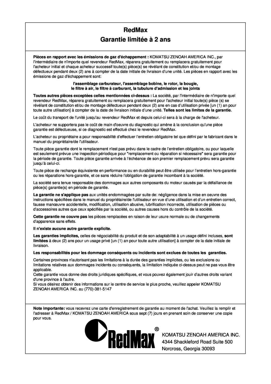 RedMax EB7001RH manual RedMax Garantie limitée à 2 ans 