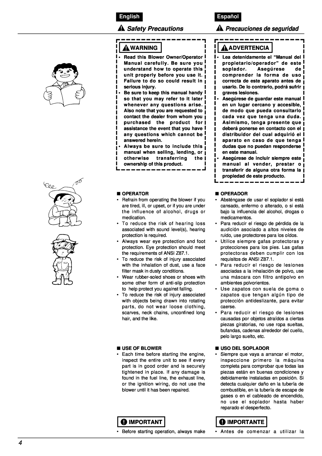 RedMax EB7001RH manual Safety Precautions, Precauciones de seguridad, English, Español, Advertencia, Importante 