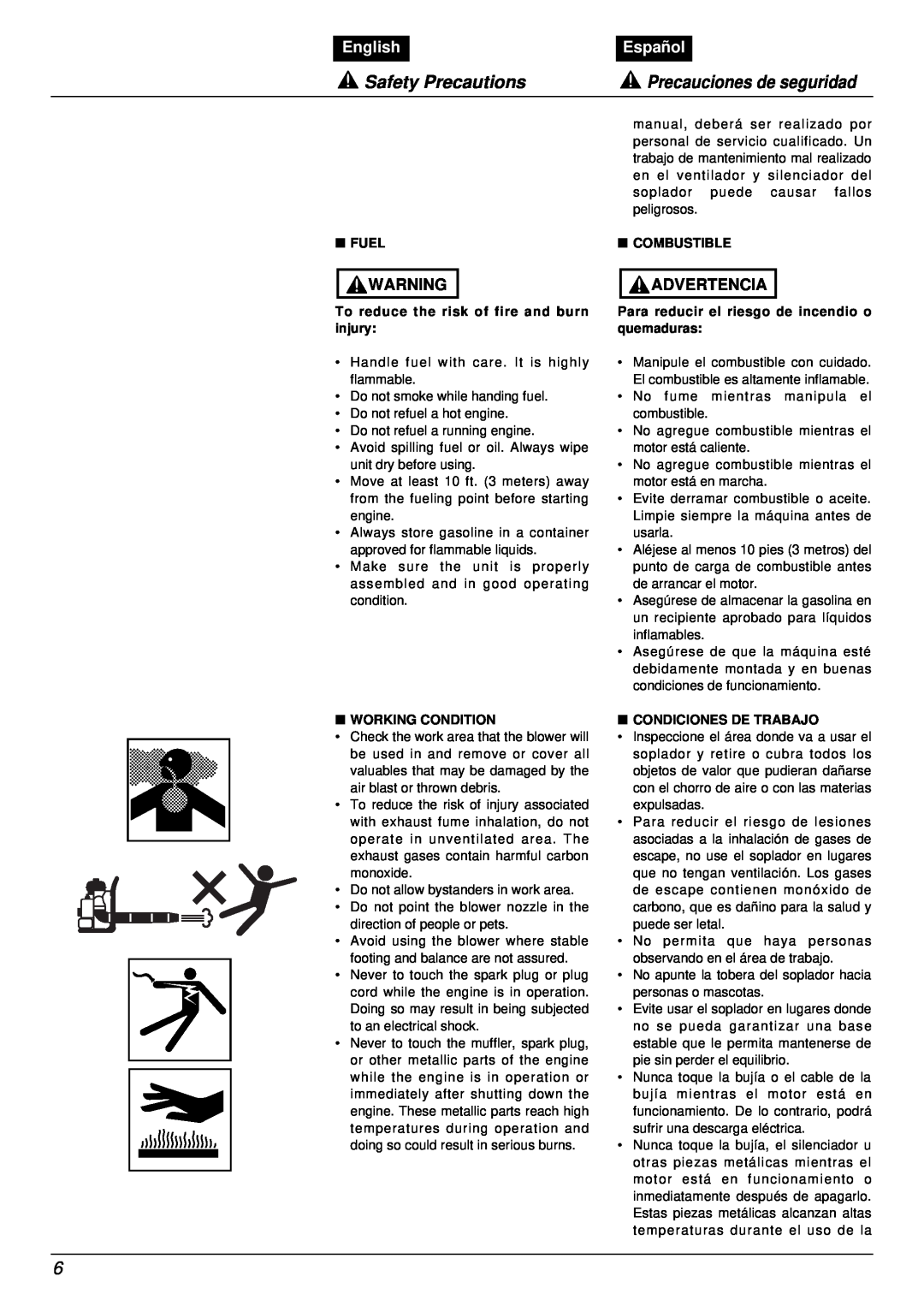 RedMax EB7001RH manual Safety Precautions, Precauciones de seguridad, English, Español, Advertencia 