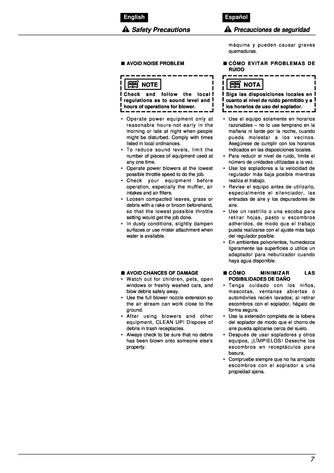 RedMax EB7001RH manual Safety Precautions, Precauciones de seguridad, English, Español, Nota 