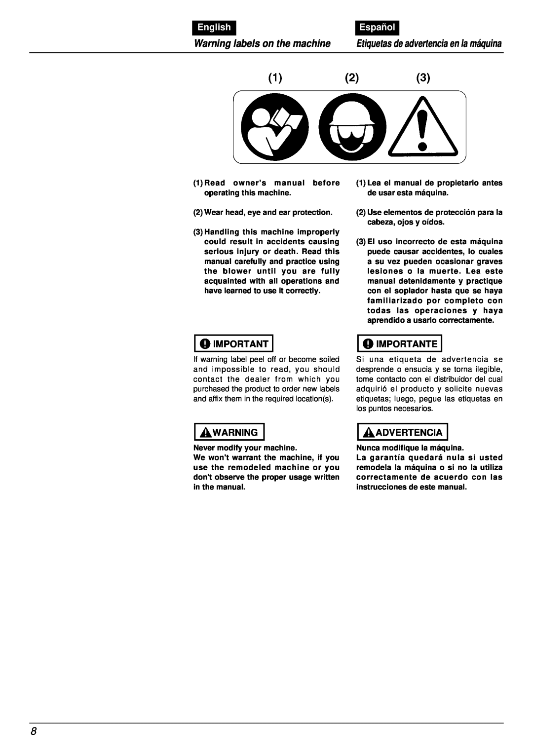 RedMax EB7001RH manual Warning labels on the machine, English, Español, Importante, Advertencia 