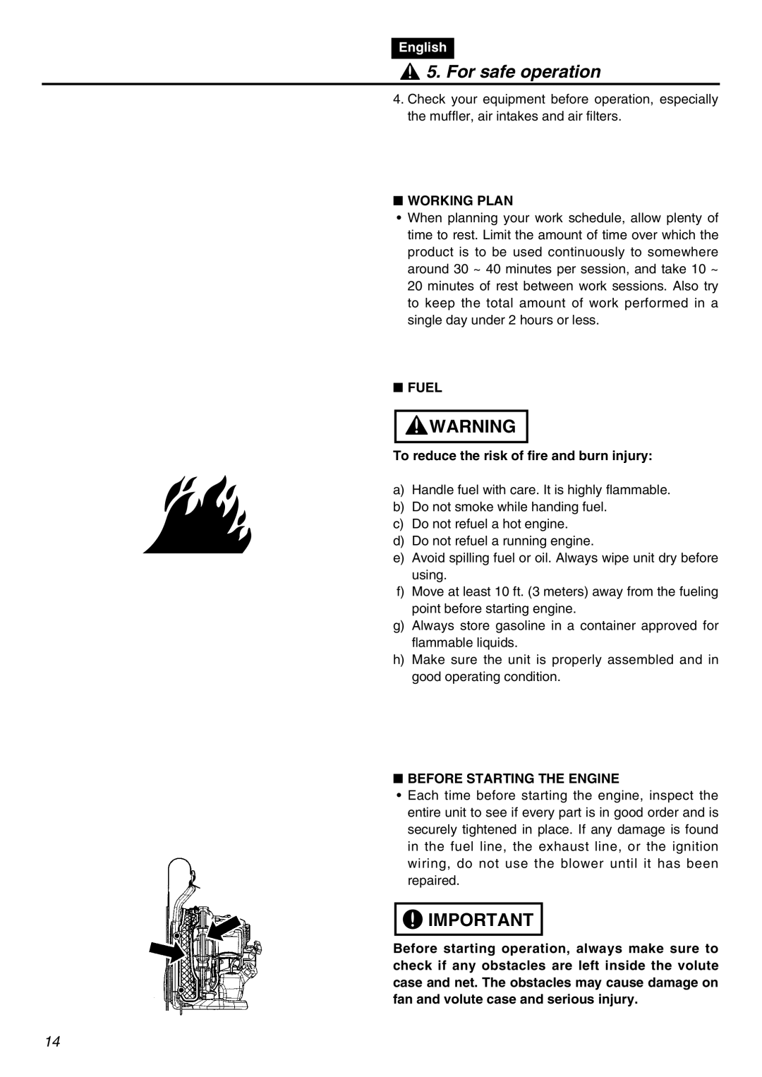 RedMax EBZ3000RH-CA manual Working Plan, Fuel, To reduce the risk of fire and burn injury, Before Starting the Engine 