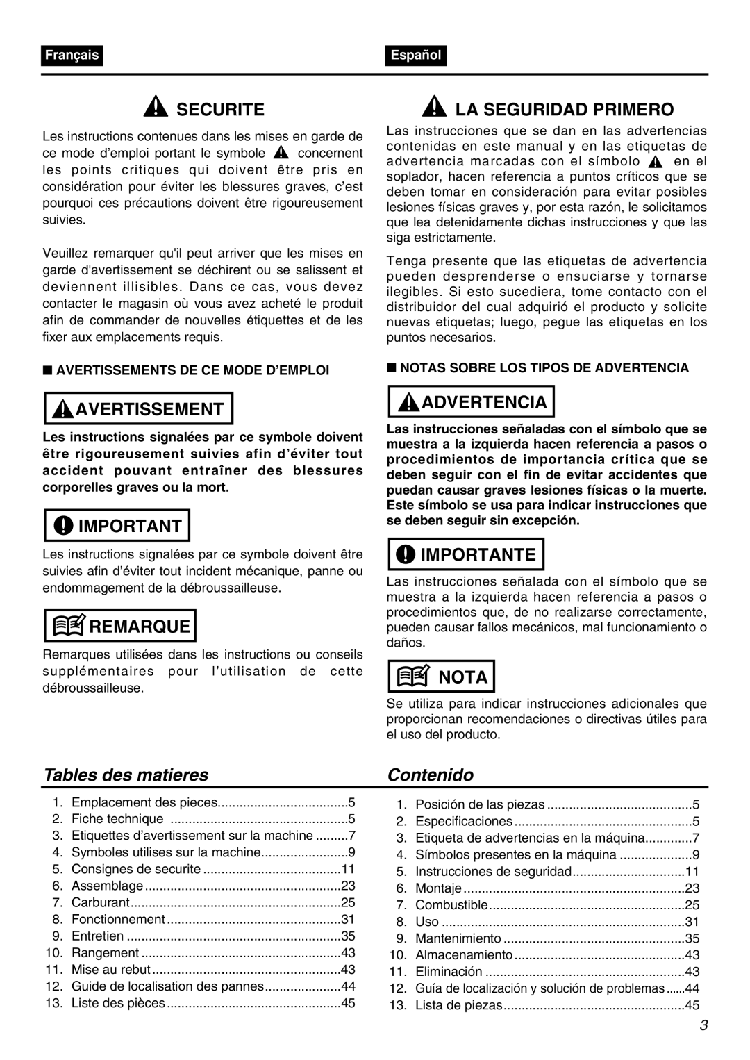 RedMax EBZ3000RH Tables des matieres Contenido, Avertissements DE CE Mode D’EMPLOI, Notas Sobre LOS Tipos DE Advertencia 