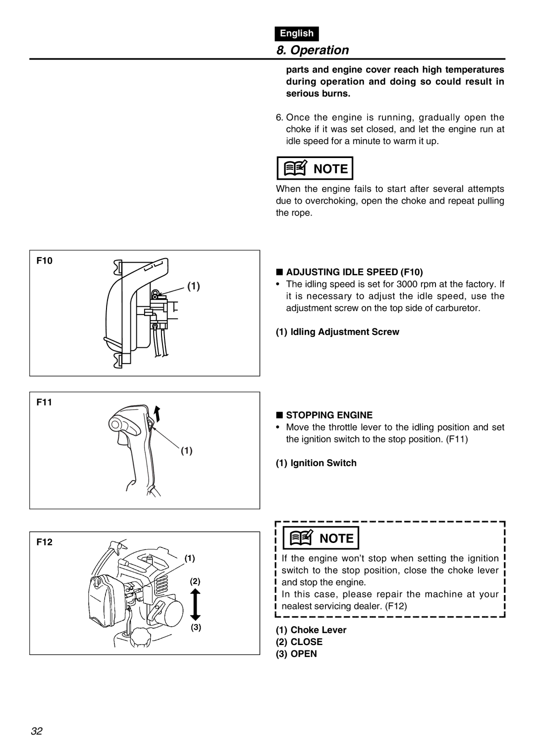 RedMax EBZ3000RH-CA manual Adjusting Idle Speed F10, Idling Adjustment Screw, Stopping Engine 