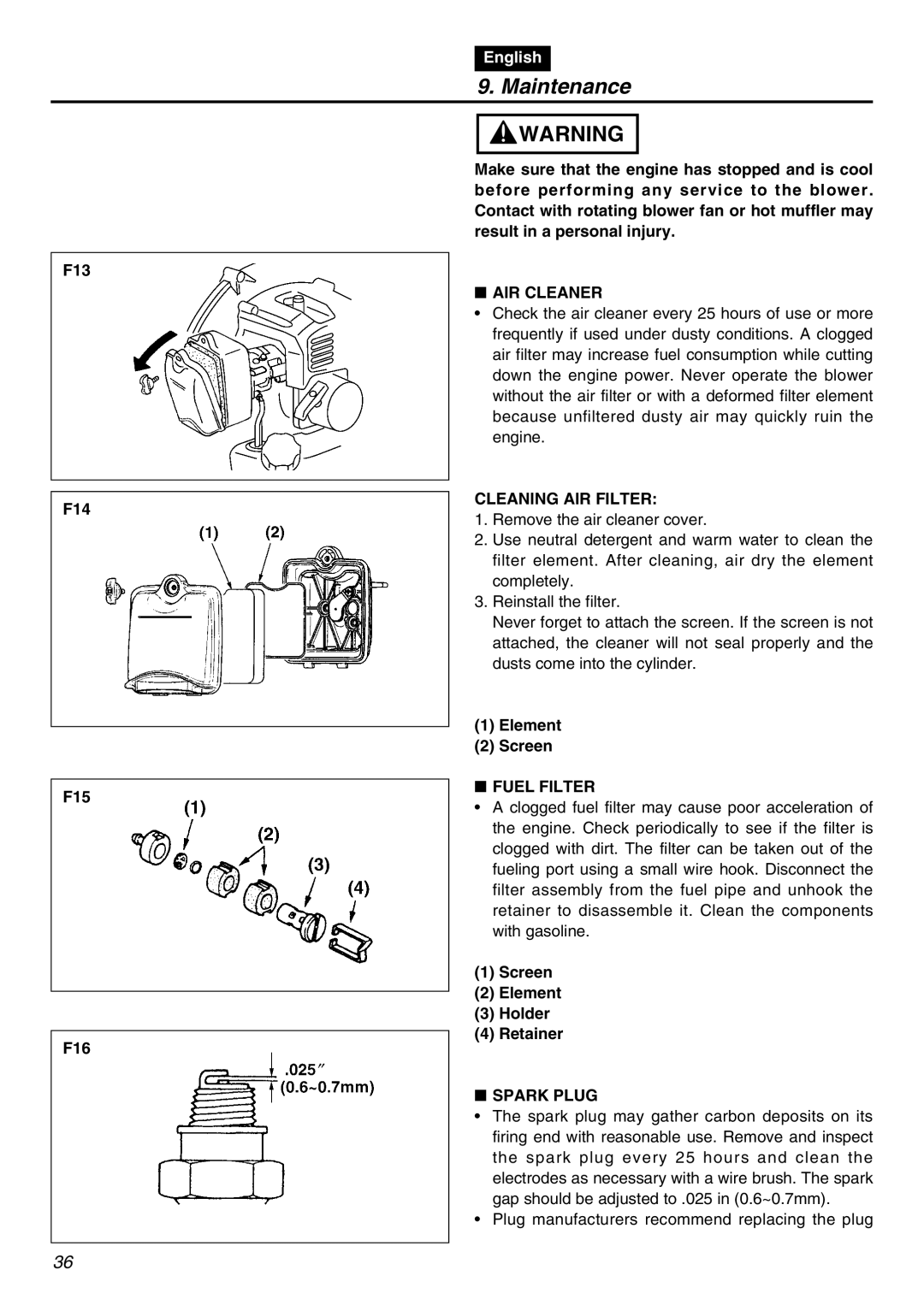 RedMax EBZ3000RH-CA manual AIR Cleaner, Cleaning AIR Filter, Fuel Filter, Spark Plug 