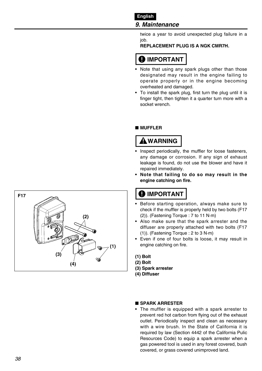 RedMax EBZ3000RH-CA manual F17, Replacement Plug is a NGK CMR7H, Muffler, Bolt Spark arrester Diffuser, Spark Arrester 