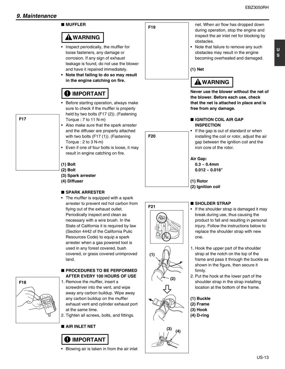 RedMax EBZ3050RH manual Muffler, Spark Arrester, Ignition Coil AIR GAP Inspection, AIR Inlet NET, Sholder Strap 