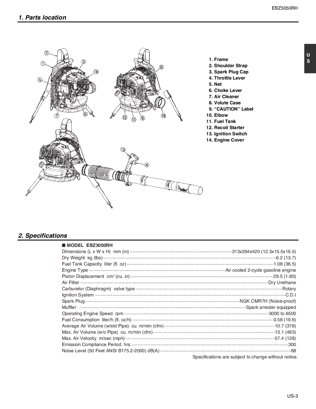 RedMax manual Parts location, Specifications, Model EBZ3050RH 