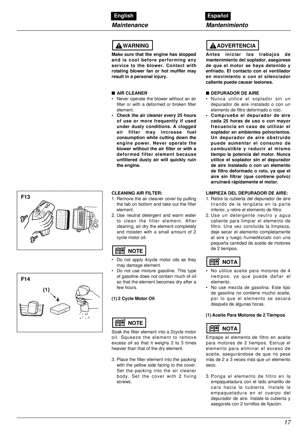 RedMax EBZ4800RH manual MaintenanceMantenimiento, F13, F14 