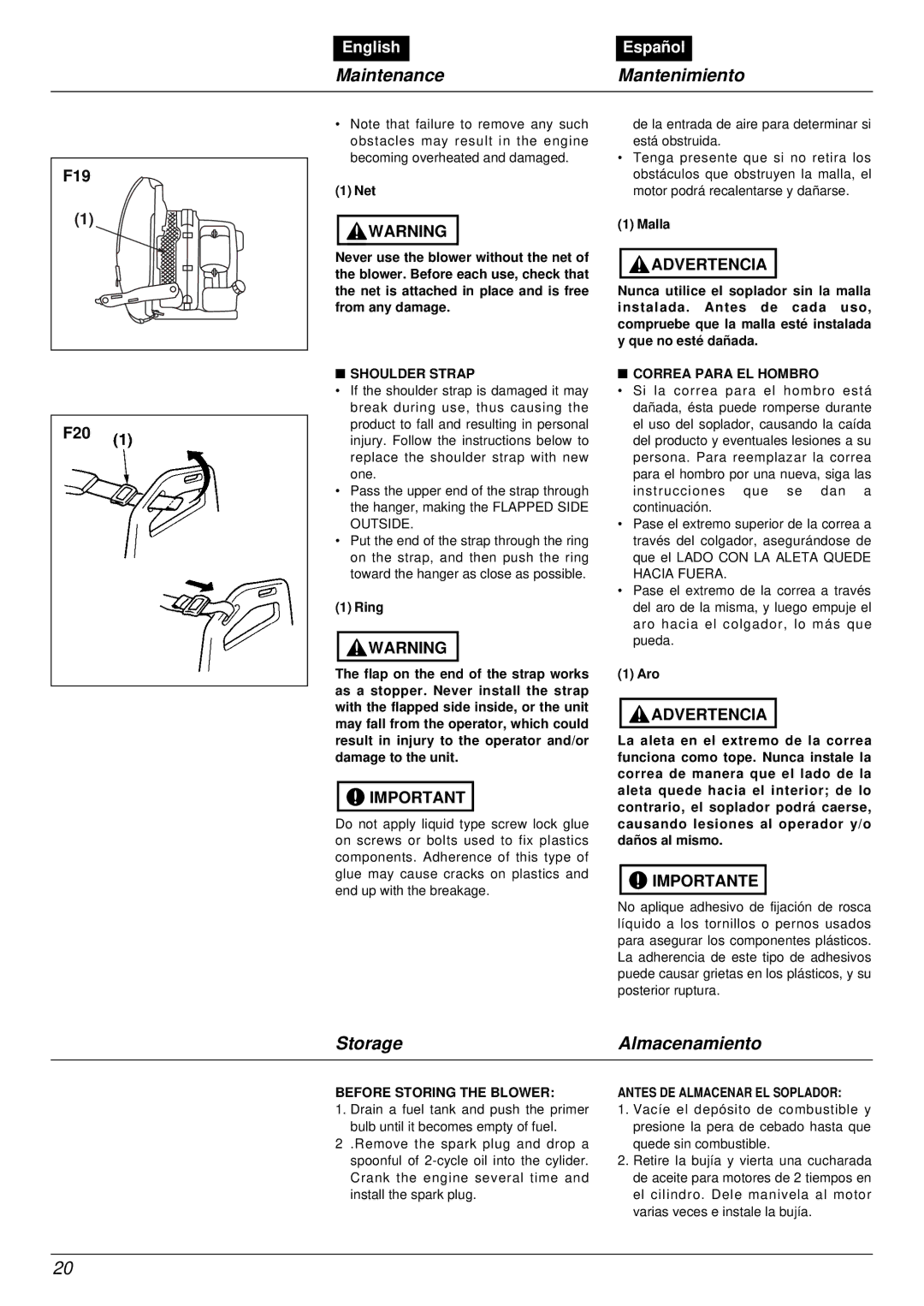 RedMax EBZ4800RH manual Storage Almacenamiento, F19 F20 