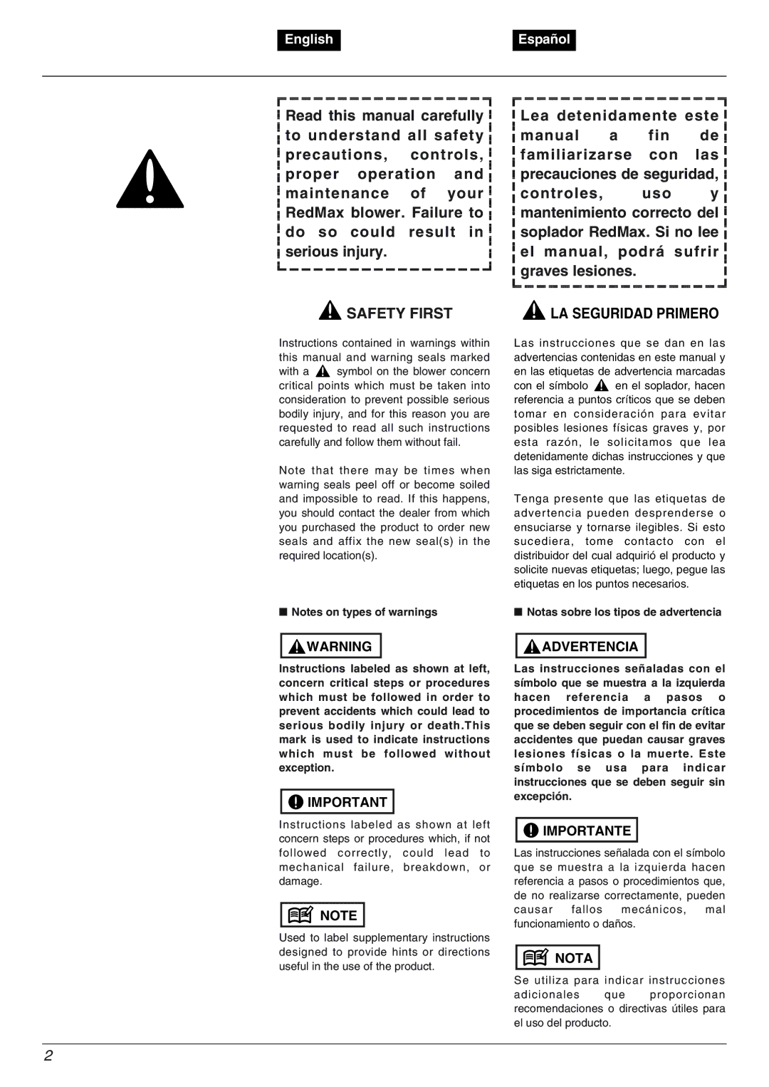 RedMax EBZ5000RH manual Safety First, Notas sobre los tipos de advertencia 