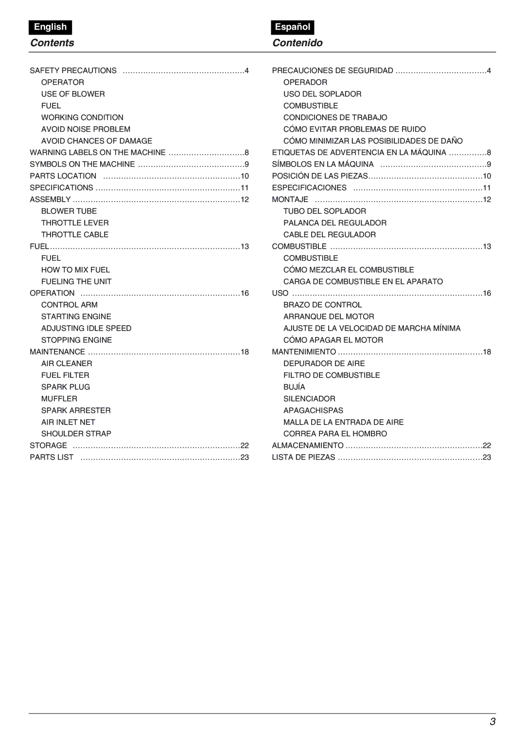 RedMax EBZ5000RH manual Contents Contenido 