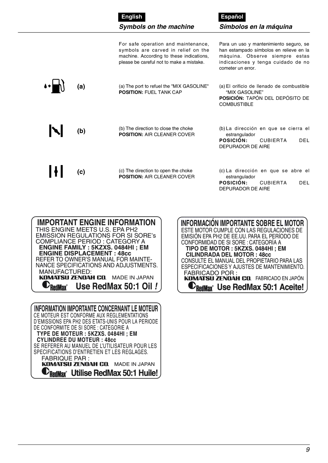 RedMax EBZ5000RH manual Important Engine Information, Symbols on the machine Símbolos en la máquina 