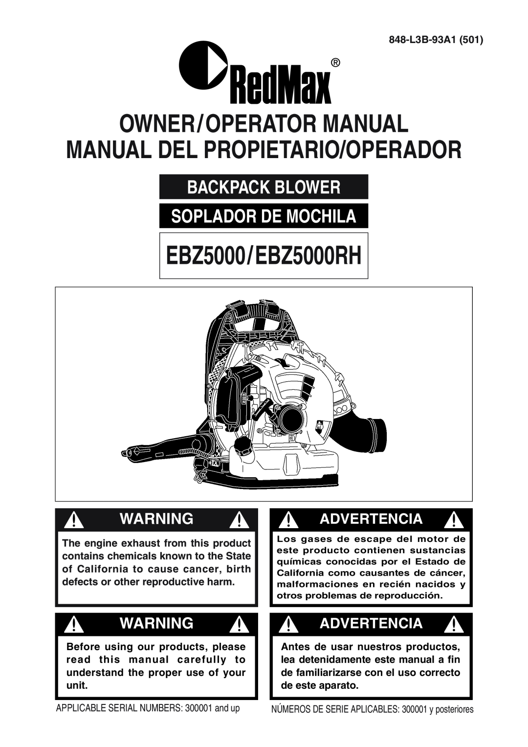 RedMax manual EBZ5000/EBZ5000RH, Owner/Operator Manual, Backpack Blower Soplador De Mochila, 848-L3B-93A1501 