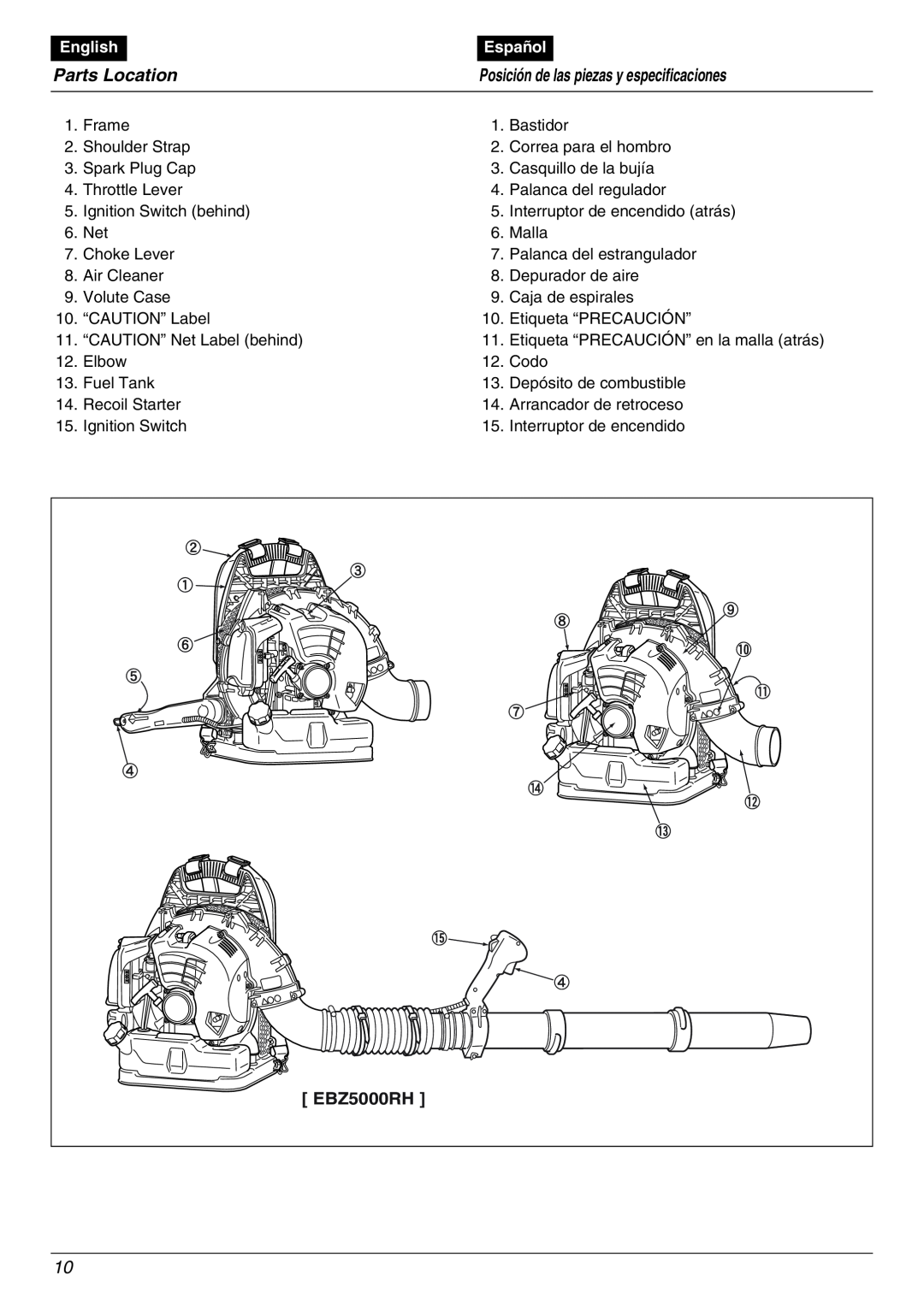 RedMax manual Parts Location, Posición de las piezas y especificaciones, EBZ5000RH, English, Español 