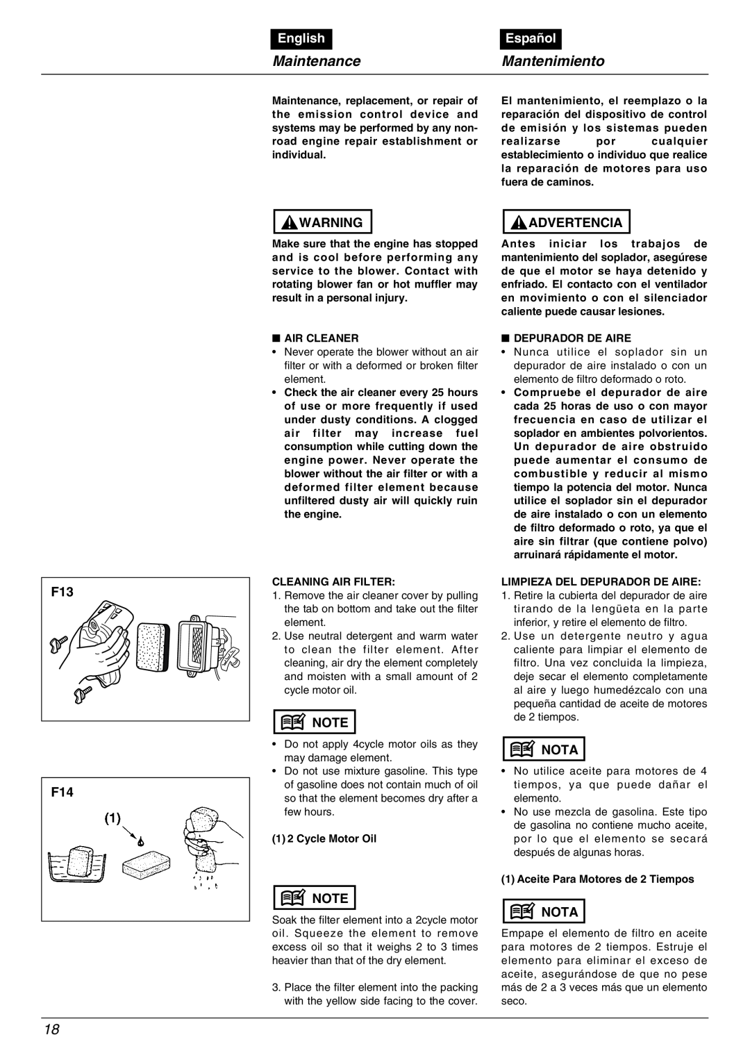 RedMax EBZ5000RH manual MaintenanceMantenimiento, English, Español, Advertencia, Nota 
