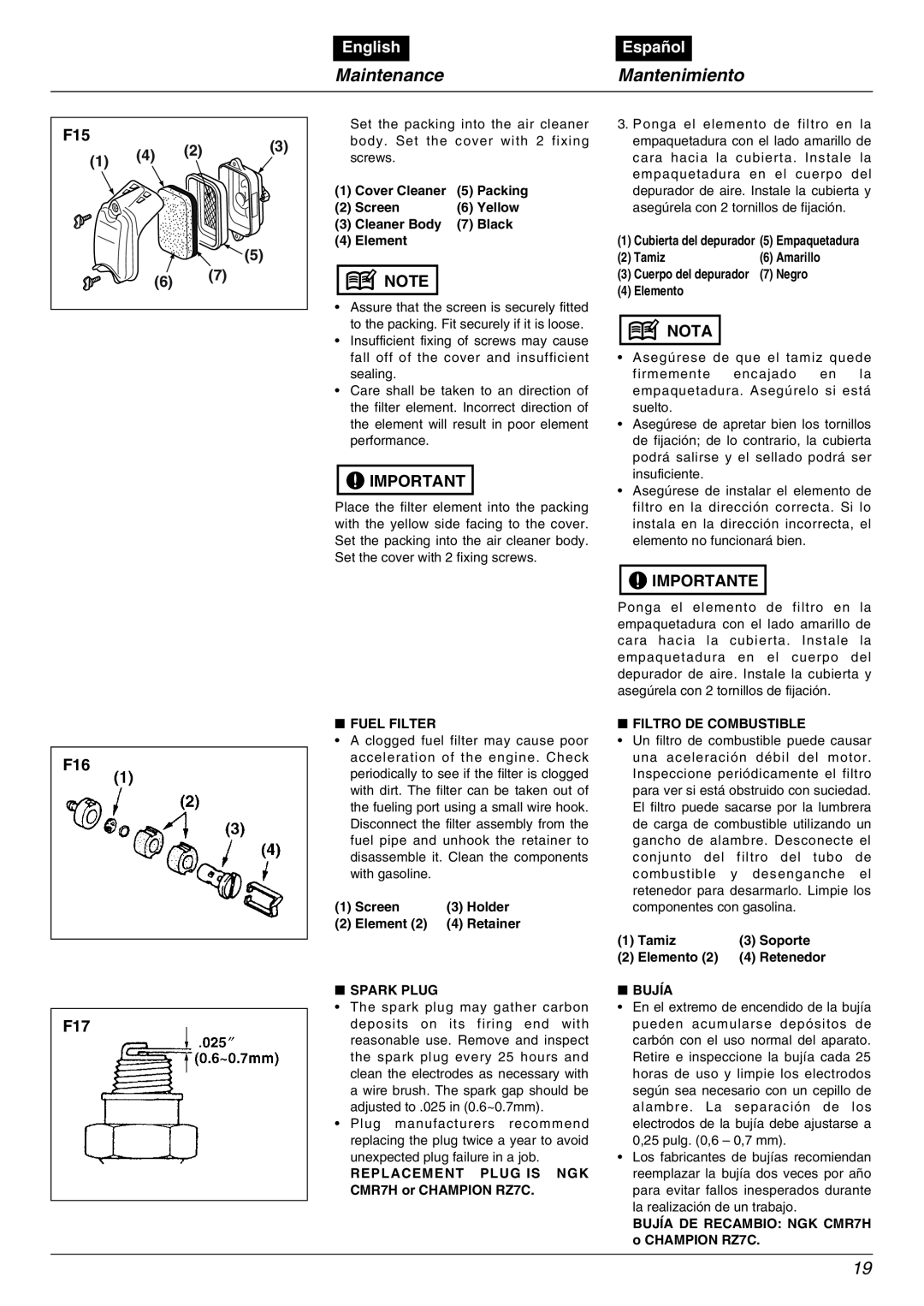 RedMax EBZ5000RH manual MaintenanceMantenimiento, English, Español, Nota, Importante 