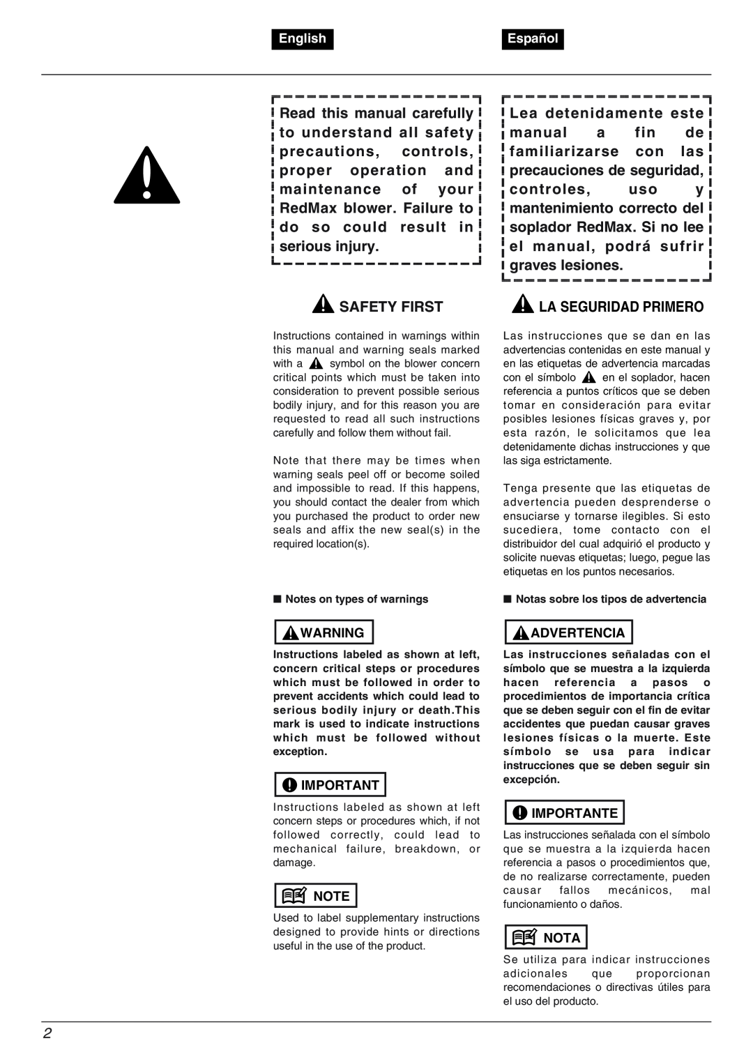 RedMax EBZ5000 Safety First, Lea detenidamente este, La Seguridad Primero, English, Español, Advertencia, Importante, Nota 