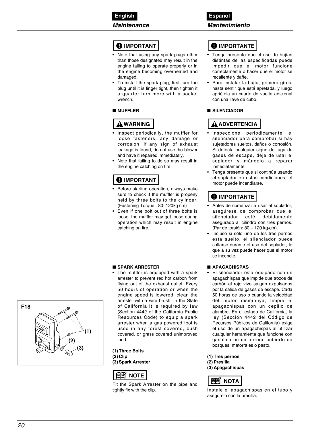 RedMax EBZ5000RH manual Maintenance, Mantenimiento, Importante, English, Español, Advertencia, Nota 