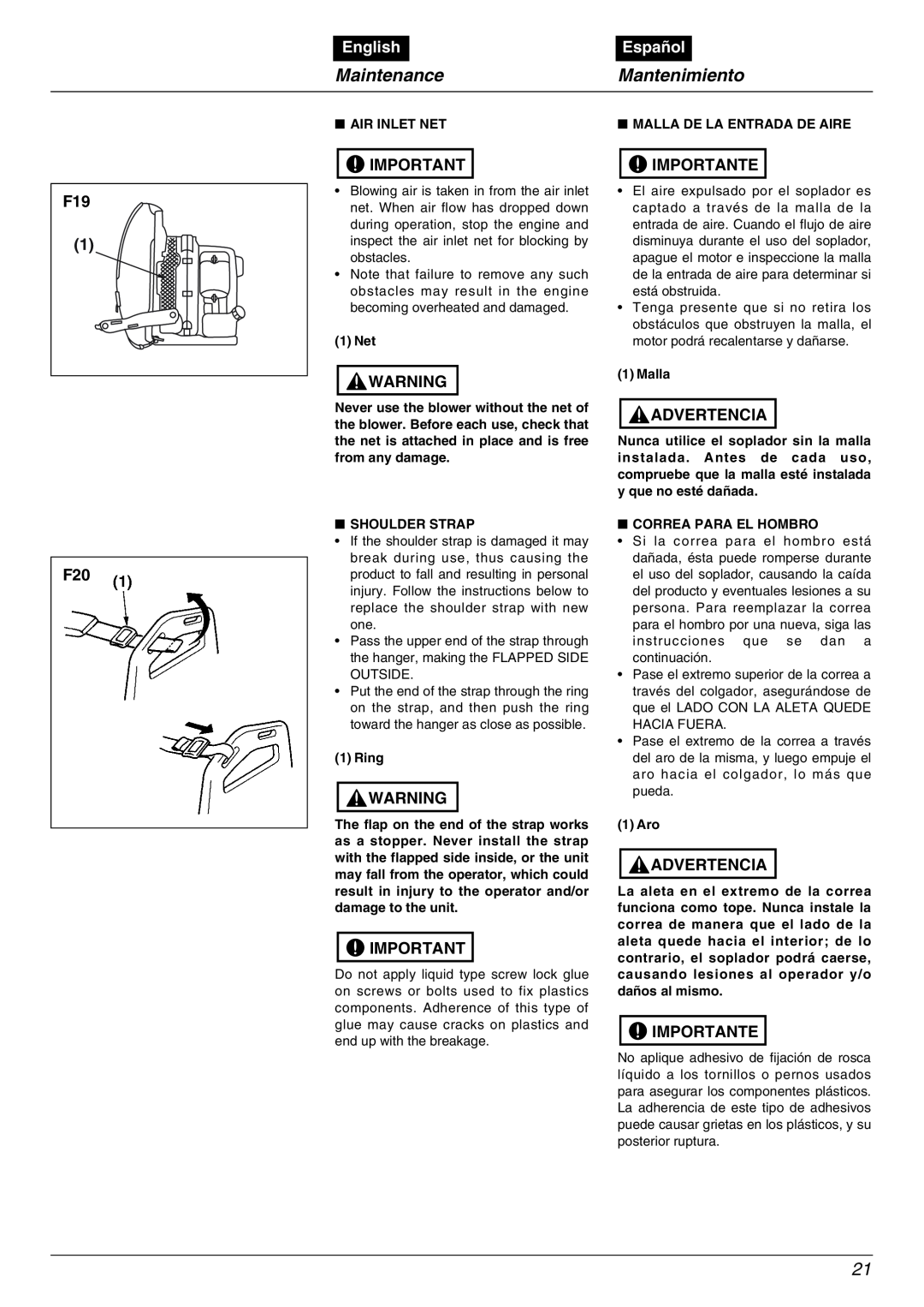 RedMax EBZ5000RH manual Maintenance, Mantenimiento, F19, English, Español, Importante, Advertencia 